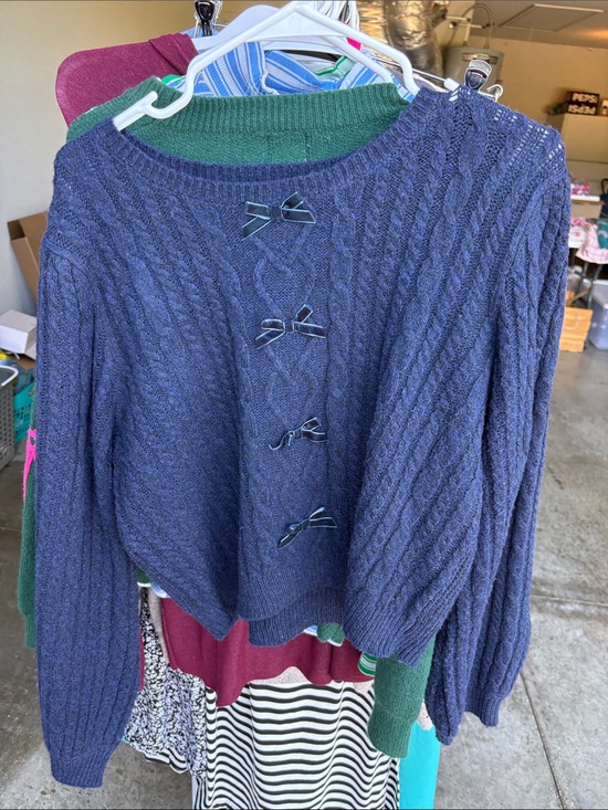 Blu Pepper Sweaters - Blu Pepper Navy Cable-Knit Sweater with Bow Accents
